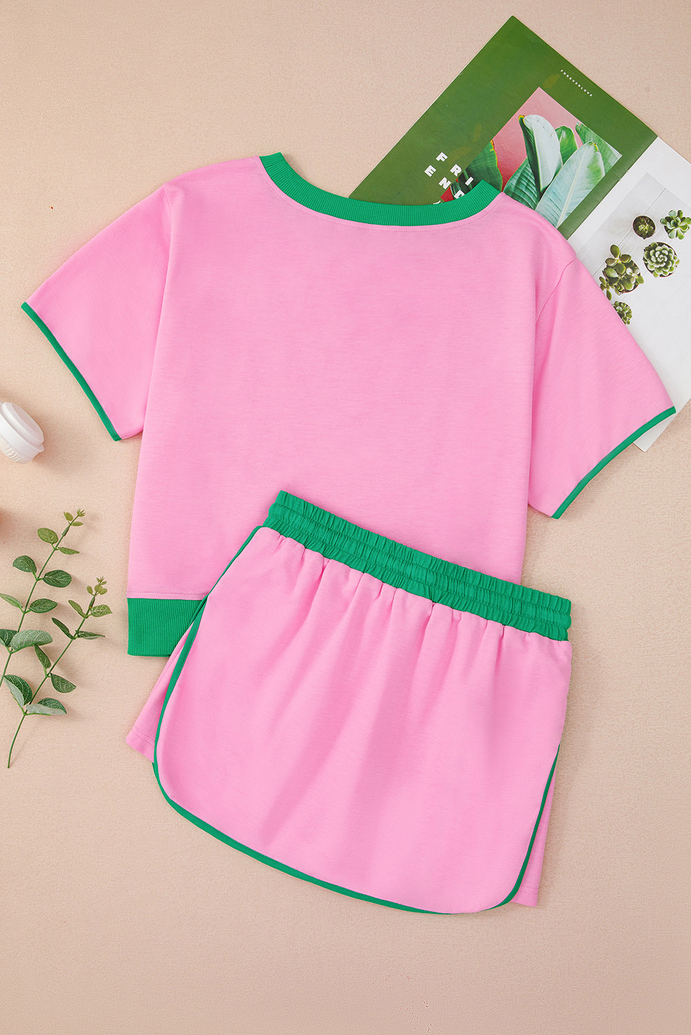 Rose Red Colorblock Edge Drop Shoulder T Shirt and Skort 2Pcs Set