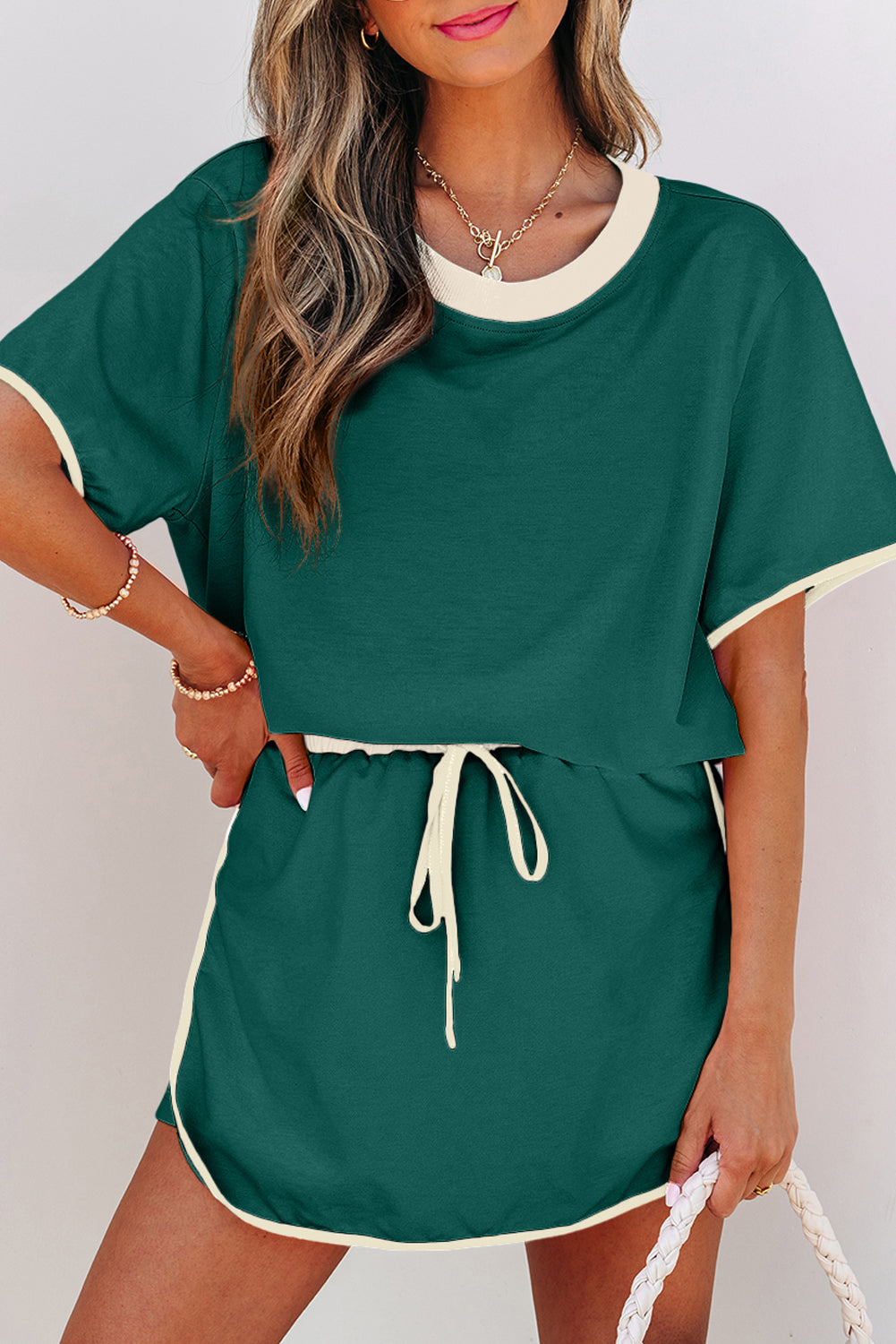 Rose Red Colorblock Edge Drop Shoulder T Shirt and Skort 2Pcs Set