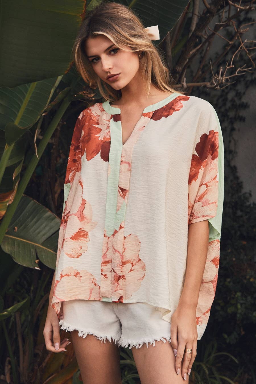 Big Floral Printed Blouse: Pistachio Multi
