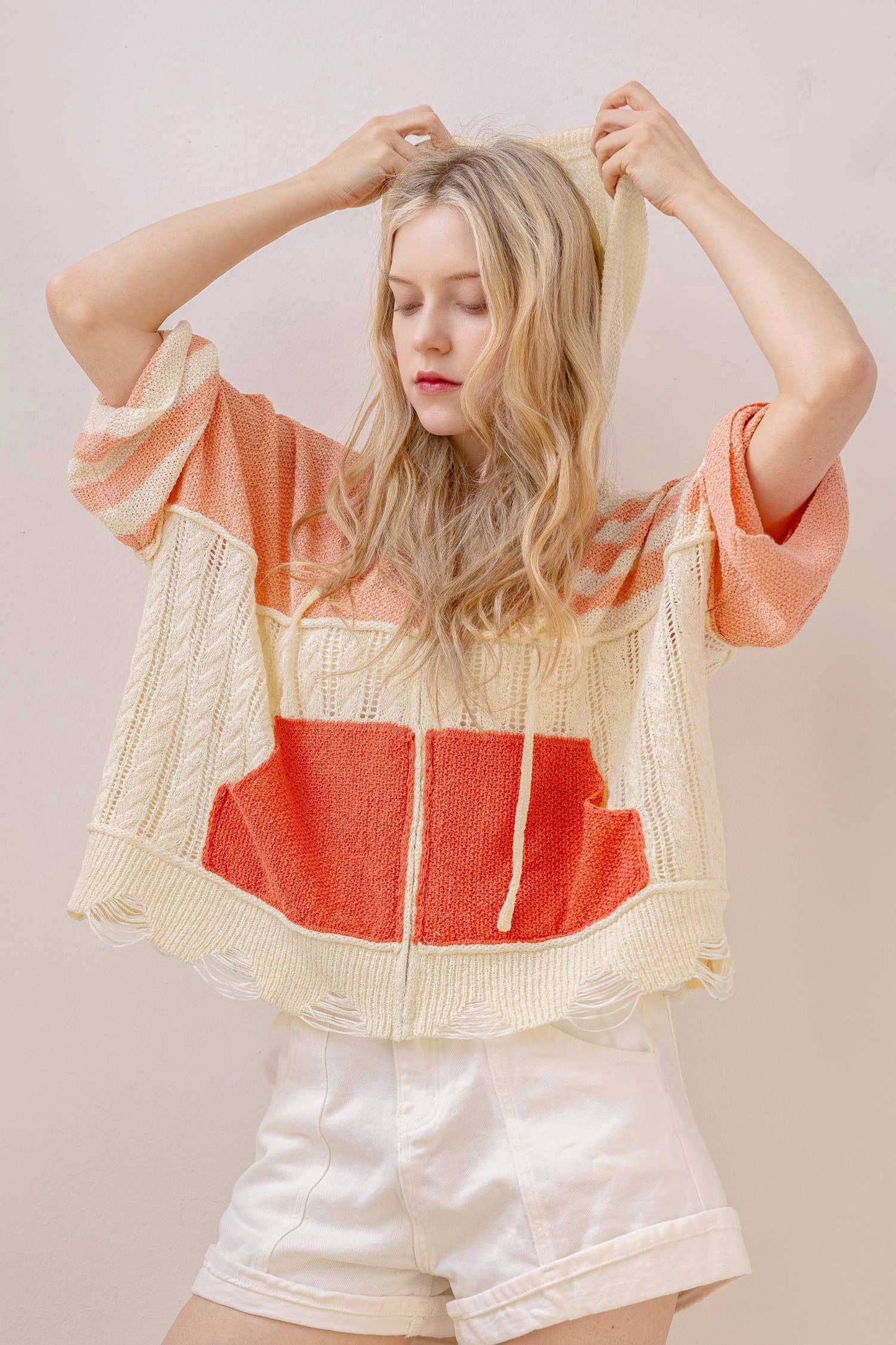 Stripe Distressed Knit Hoodie Coral