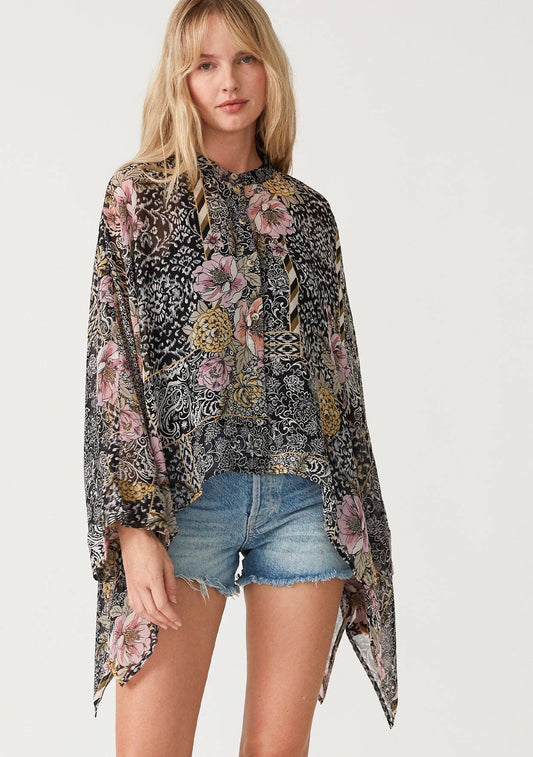 Sheer Floral Asymmetric Button Front Blouse: Black/Dusty Peach