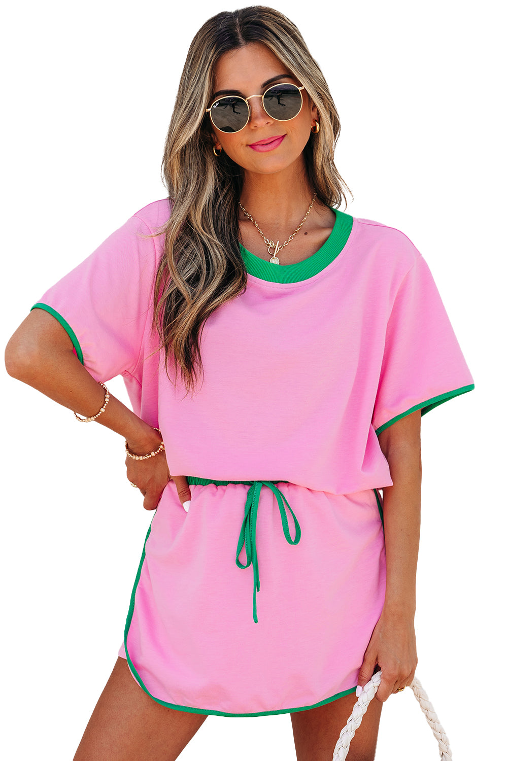 Rose Red Colorblock Edge Drop Shoulder T Shirt and Skort 2Pcs Set
