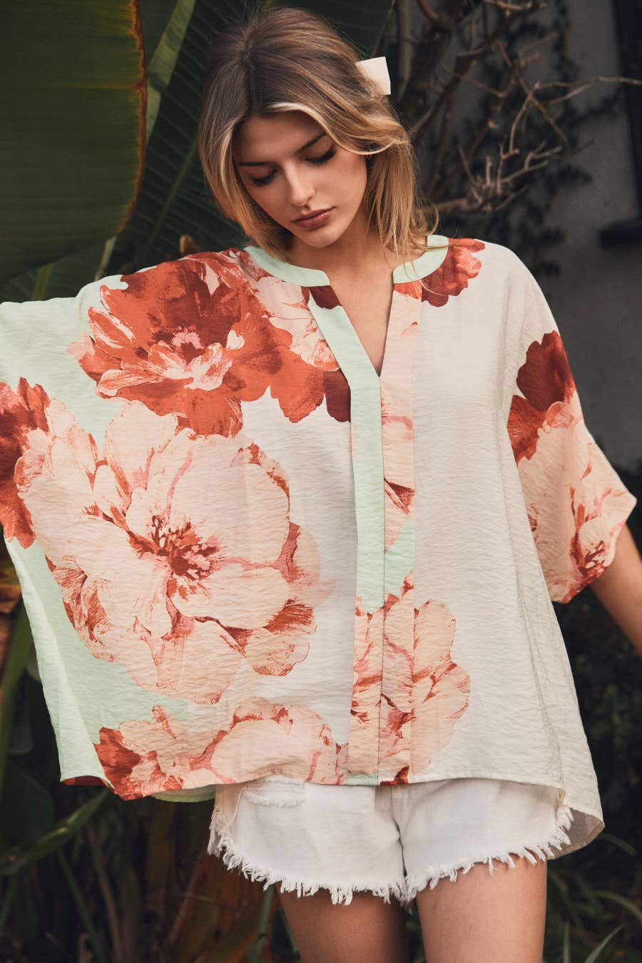 Big Floral Printed Blouse: Pistachio Multi