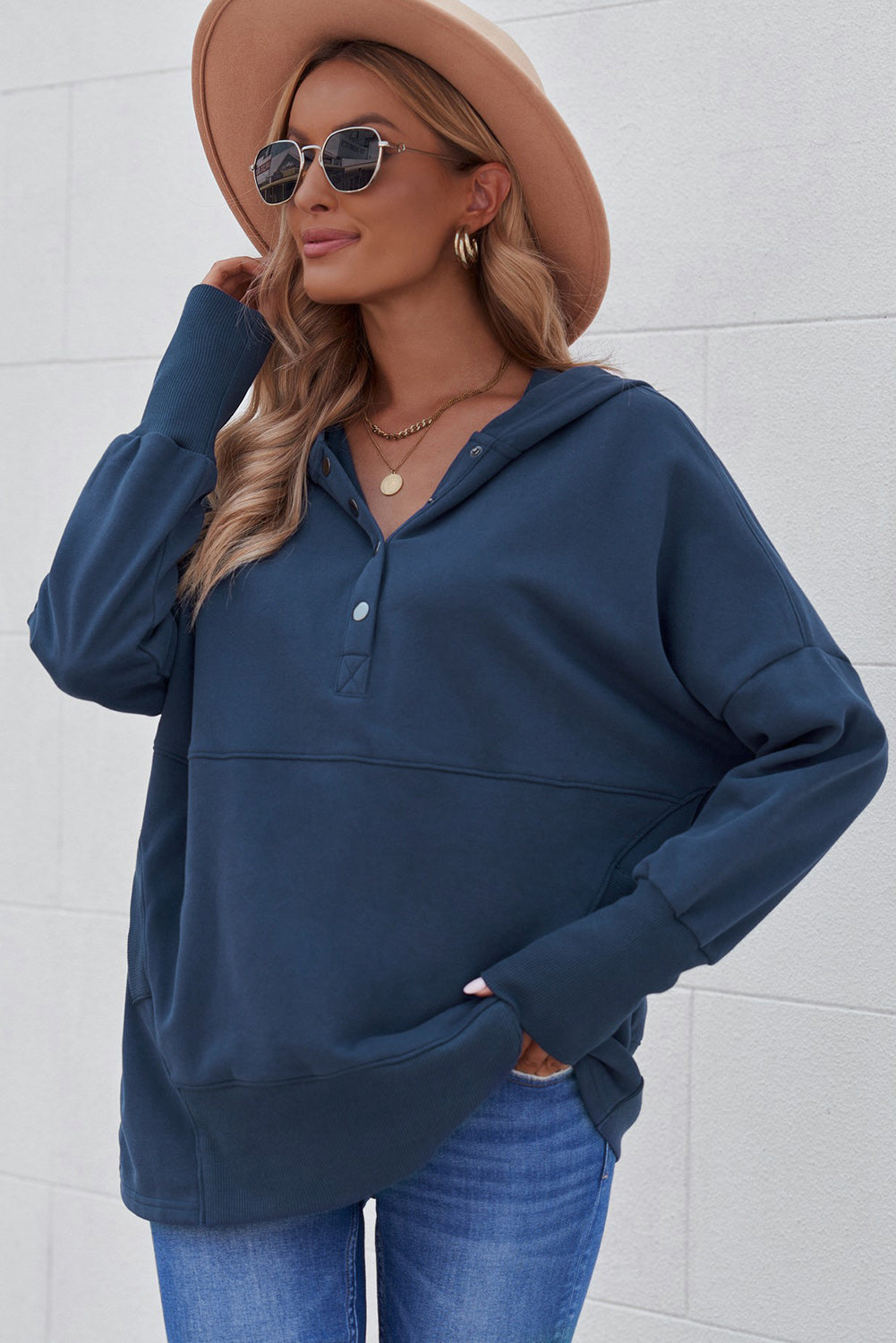 Gray Batwing Sleeve Pocketed Henley Hoodie