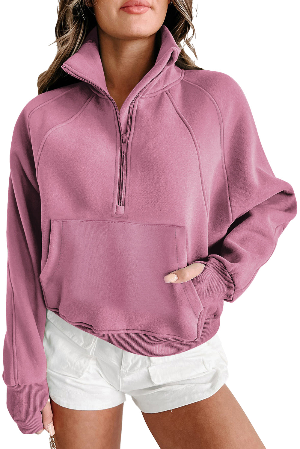 Bonbon Fleece Lined Zip Up Stand Collar Thumbhole Sleeve Sweatshirt