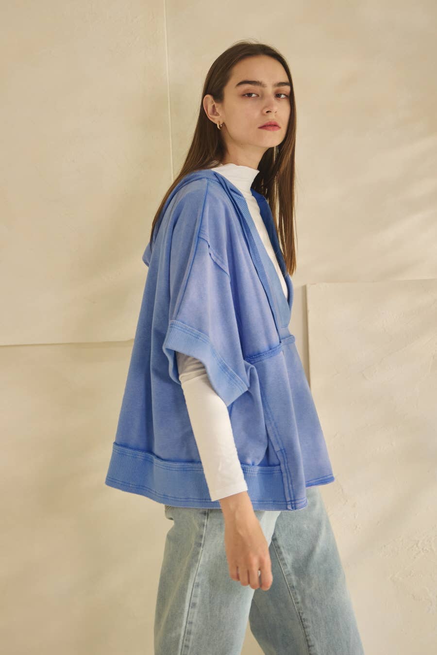 Acid Washed Deep V-neck Hooded Pullover: Washed Mustard / L