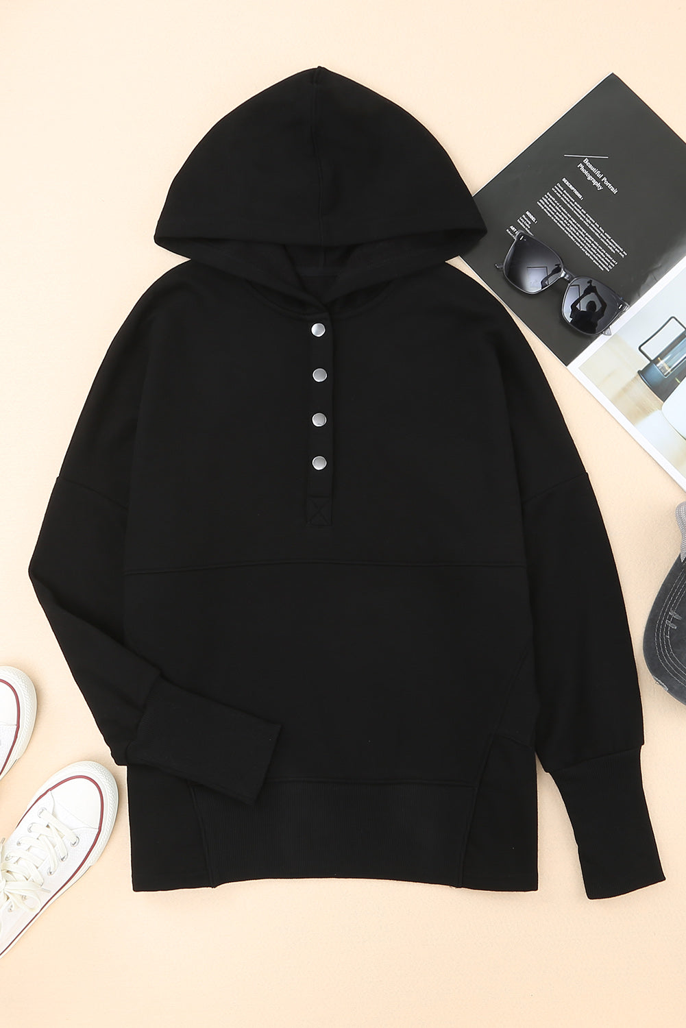 Gray Batwing Sleeve Pocketed Henley Hoodie