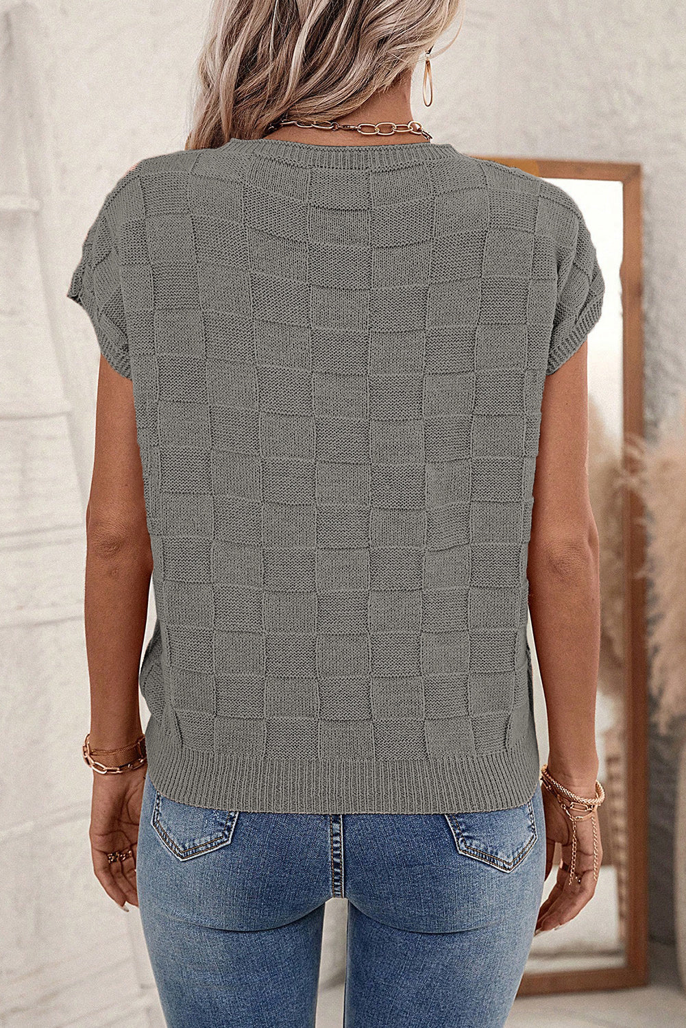 Dusty Pink Lattice Knit Short Sleeve Sweater
