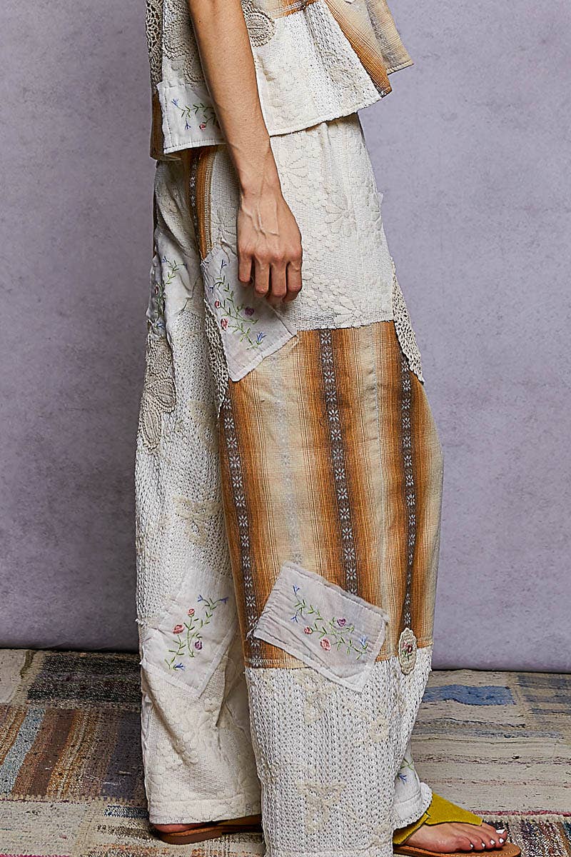 Solid Lace Patch Detail Woven Pants: MUSTARD PLAID