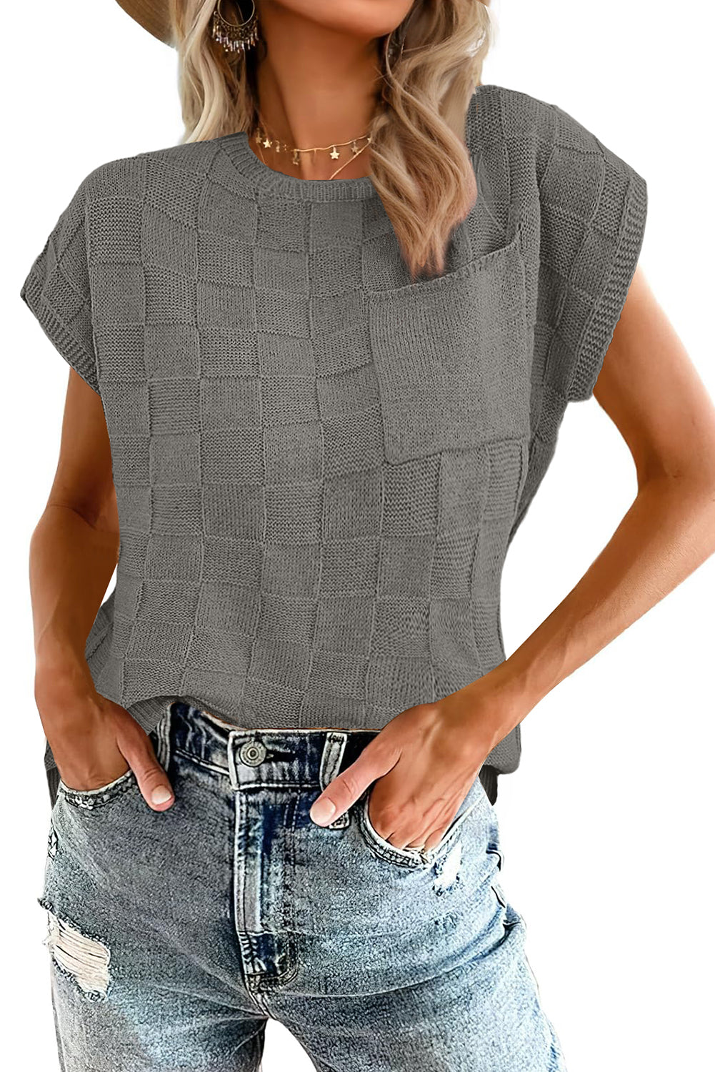 Dusty Pink Lattice Knit Short Sleeve Sweater