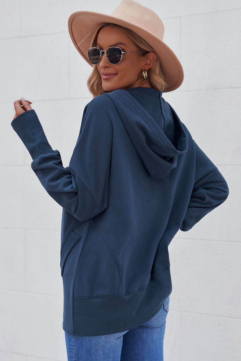 Gray Batwing Sleeve Pocketed Henley Hoodie