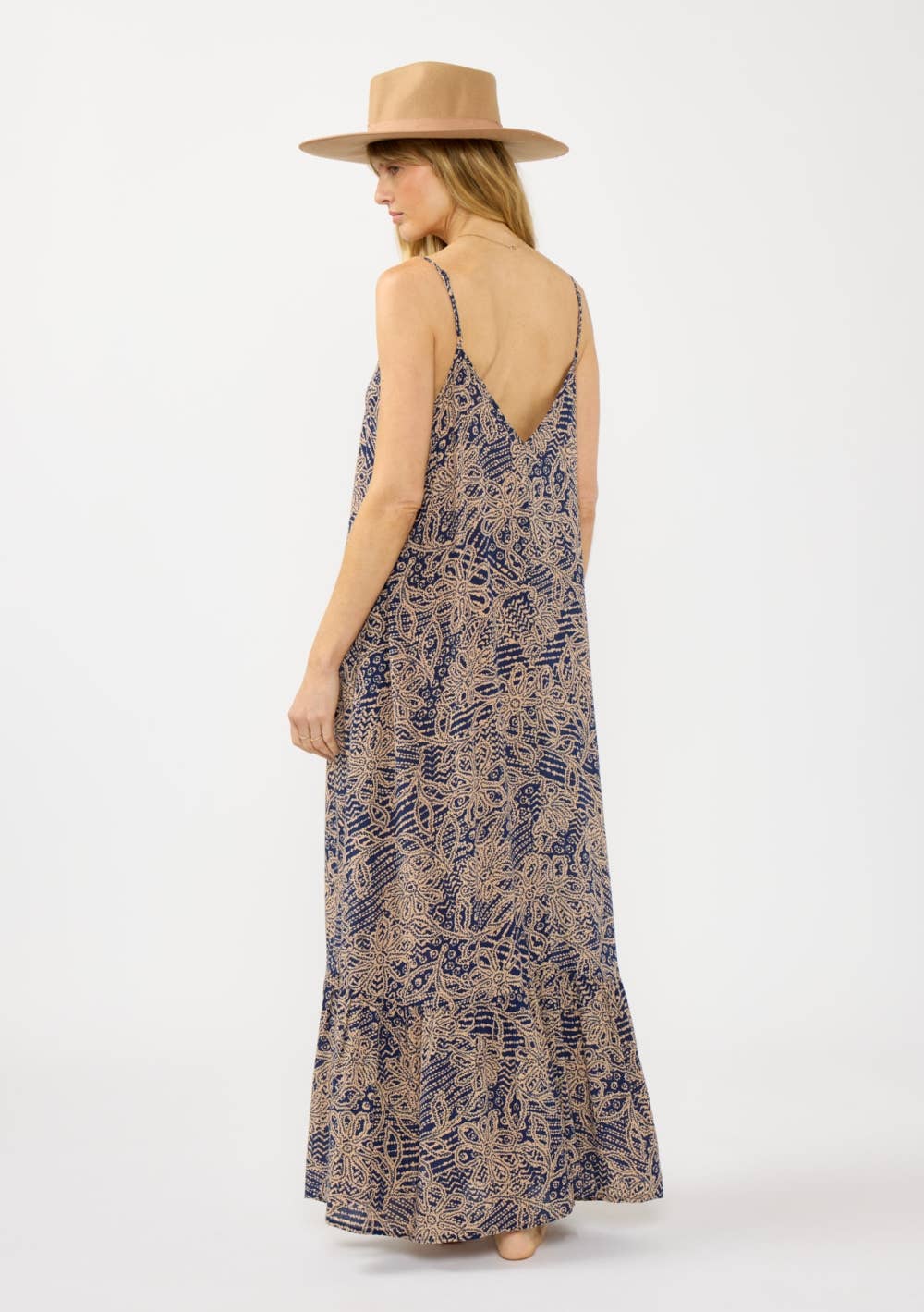 Spaghetti Strap Tiered Maxi Dress. Navy/Natural