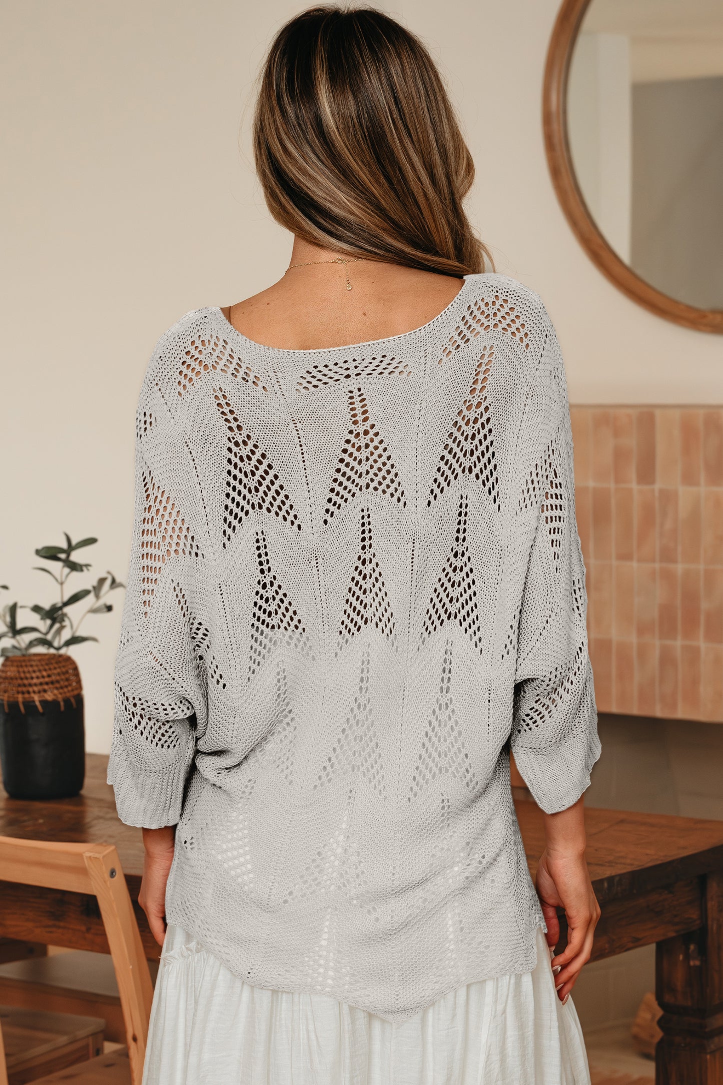Parchment Hollow Out Knit 7/8 Sleeve Casual Sweater