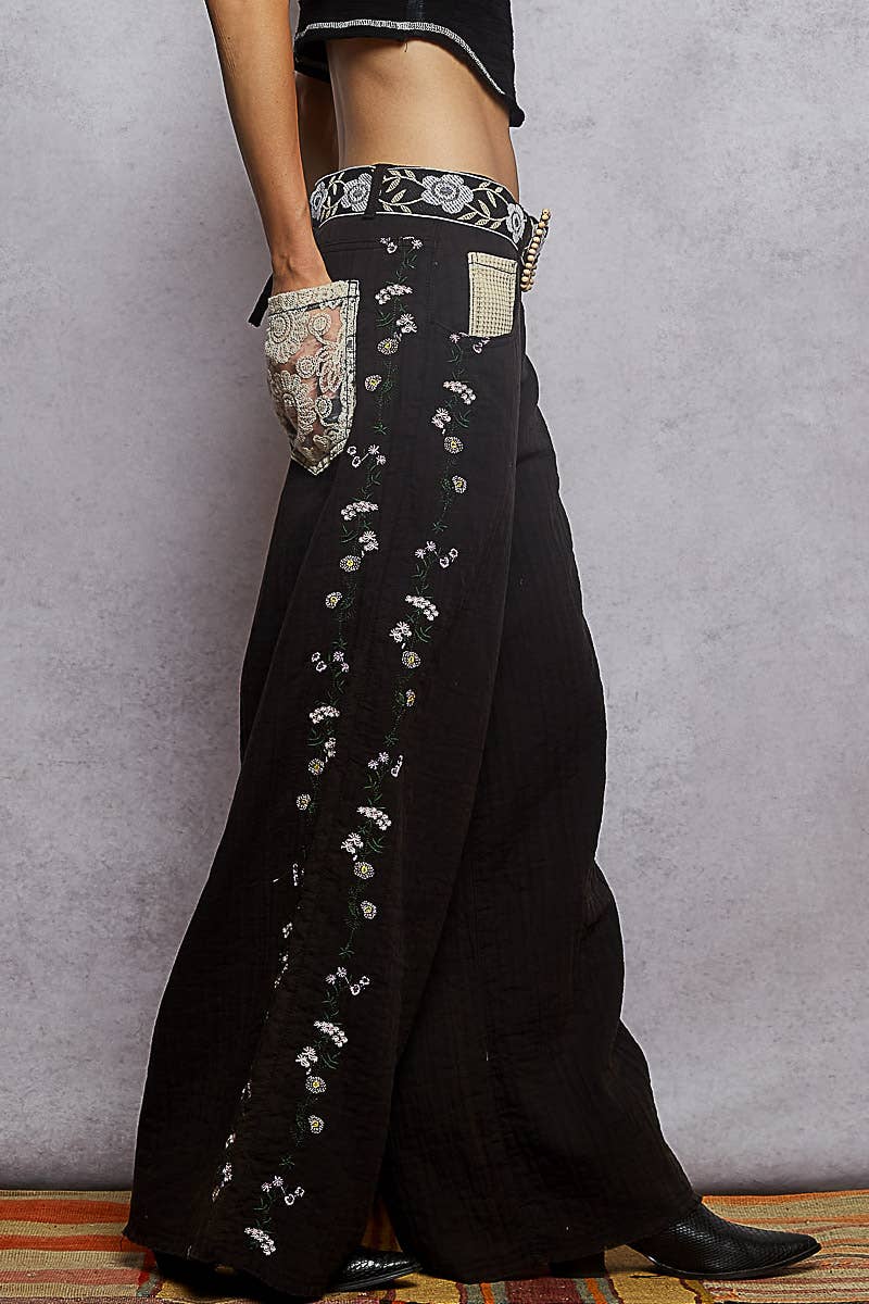 Contrast lace detail double gauze woven pants