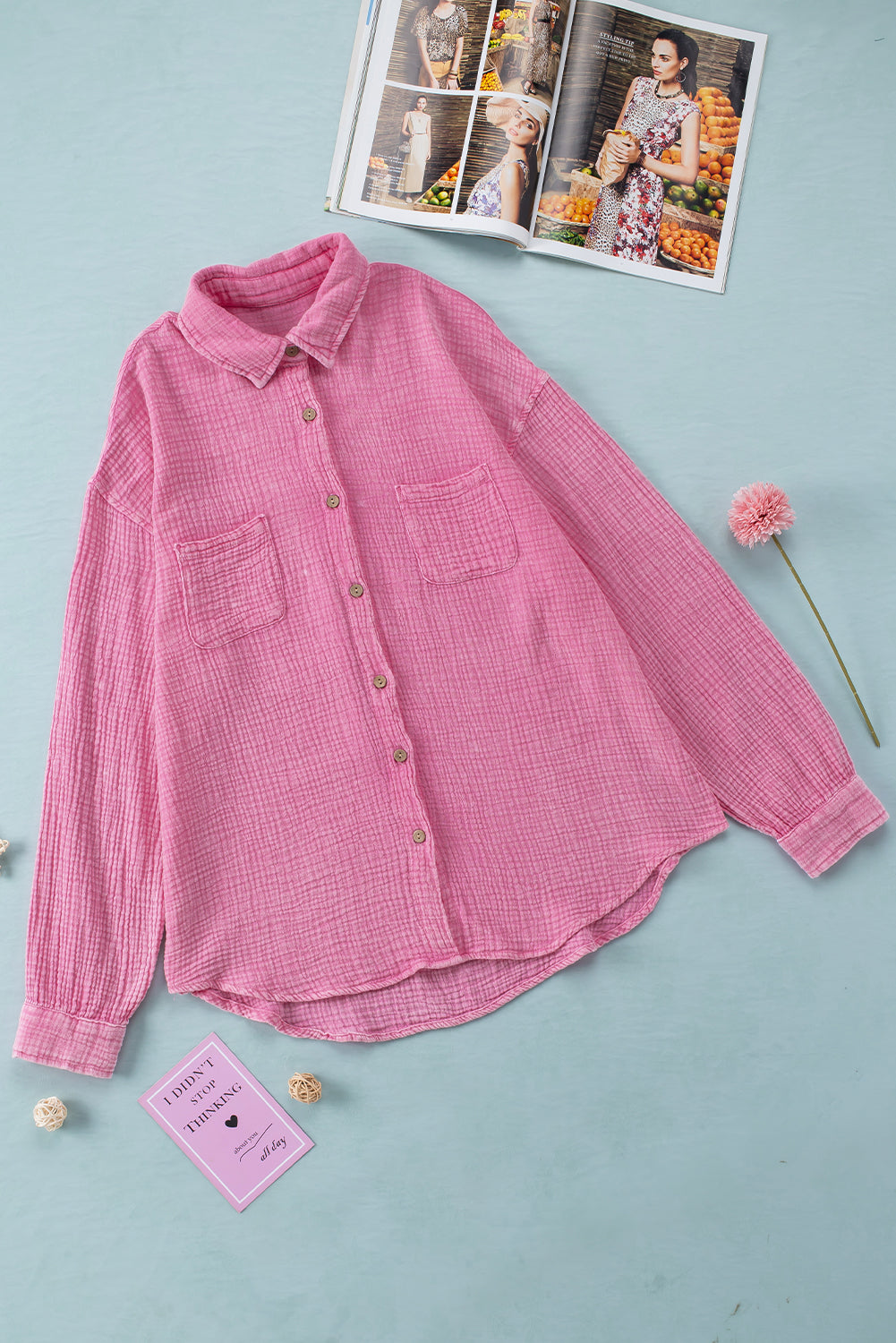 Sky Blue Mineral Wash Crinkle Textured Chest Pockets Shirt