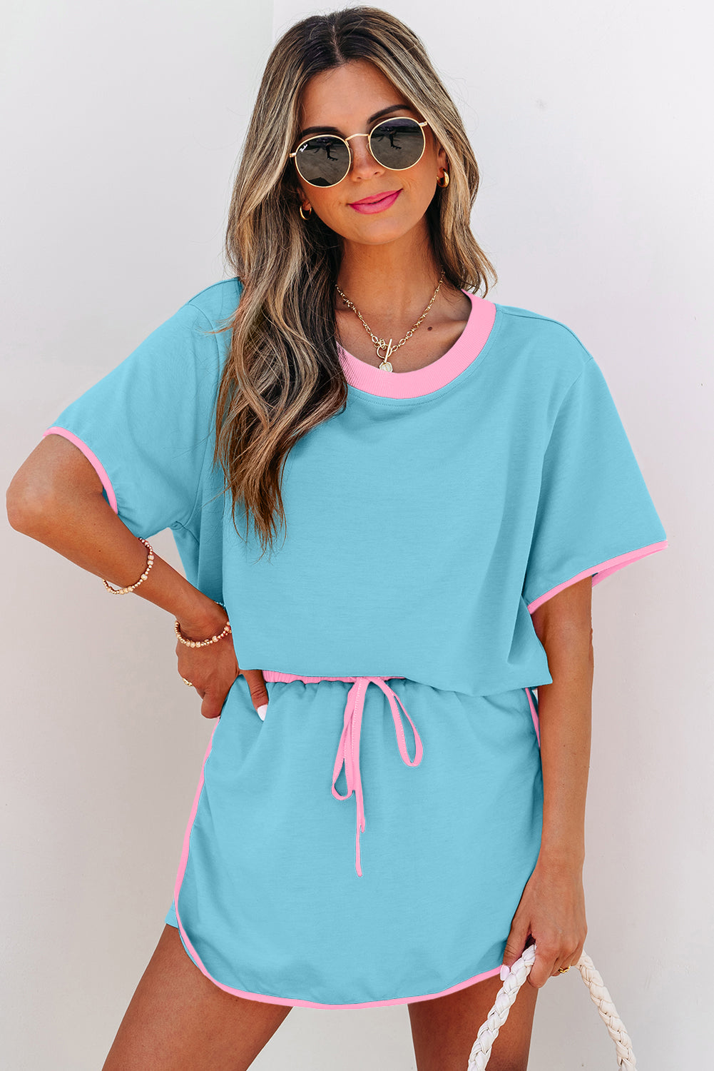 Rose Red Colorblock Edge Drop Shoulder T Shirt and Skort 2Pcs Set