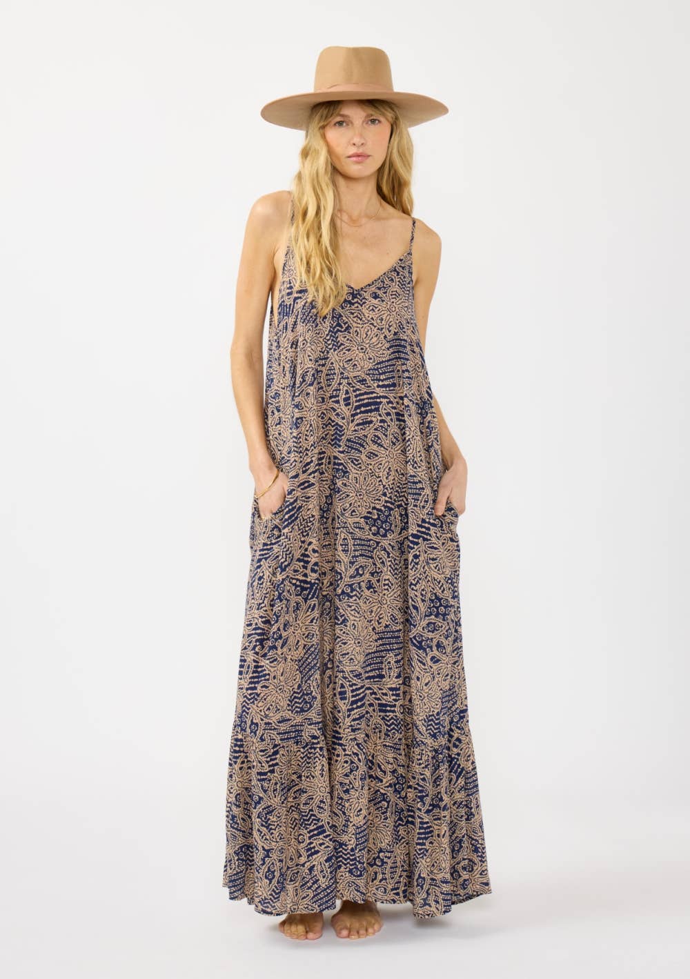Spaghetti Strap Tiered Maxi Dress. Navy/Natural