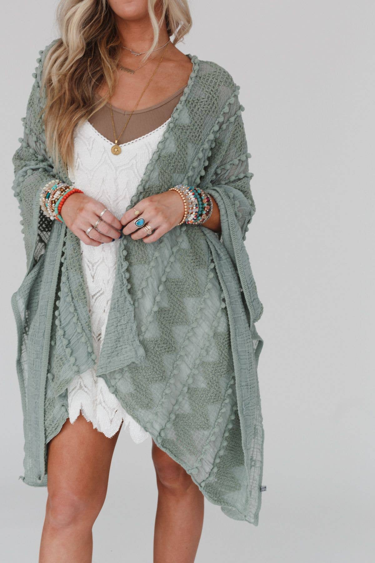 Bali Embroidered Kimono - Sage: OS