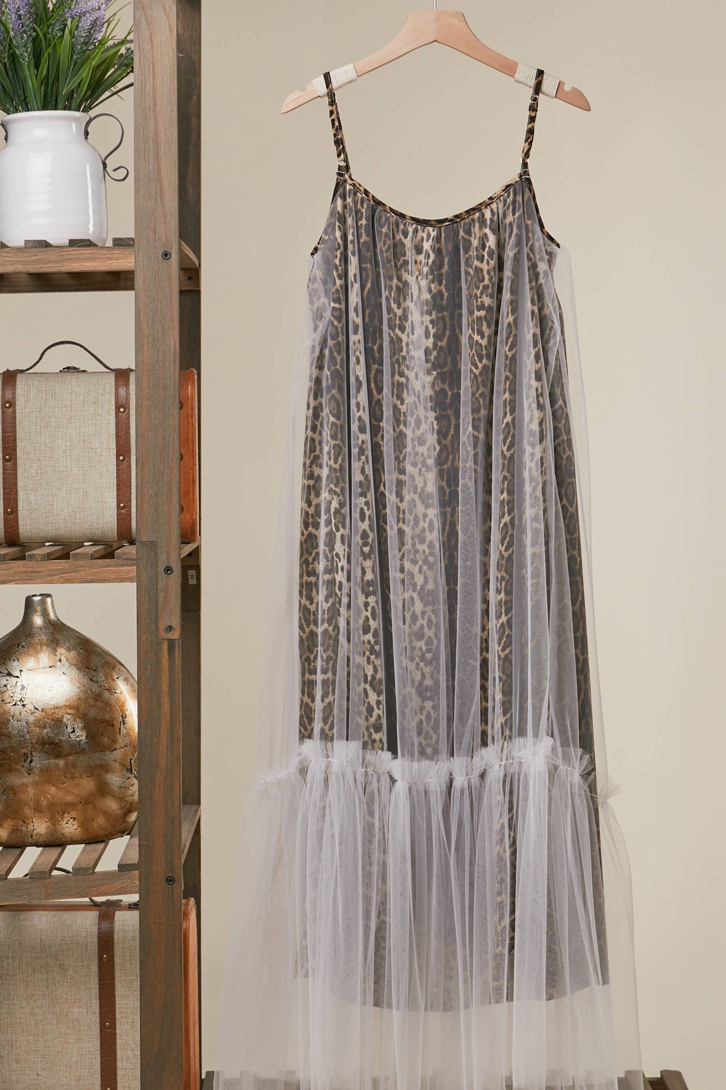 LEOPARD PRINT MESH DRESS WITH TULLE OVERLAY