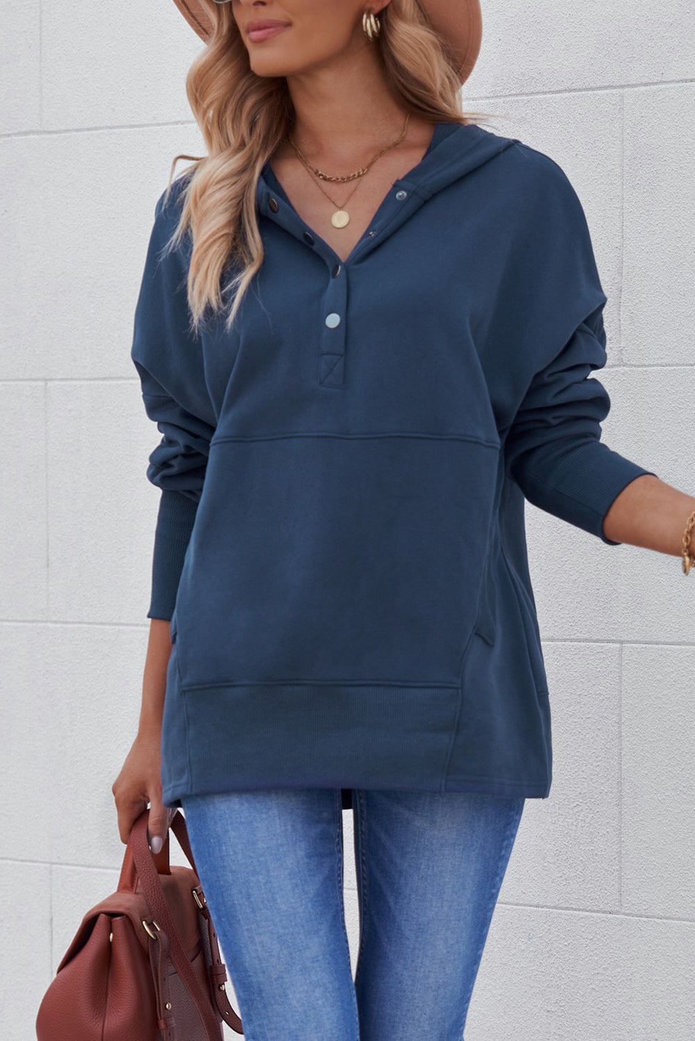 Gray Batwing Sleeve Pocketed Henley Hoodie