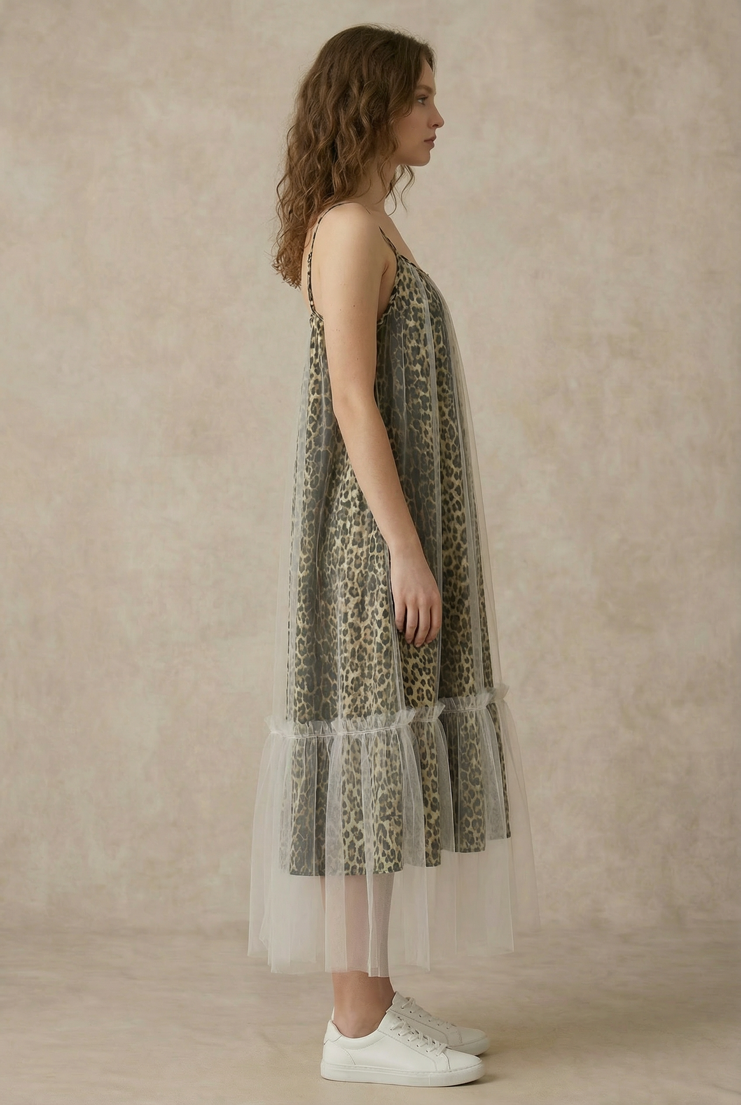 LEOPARD PRINT MESH DRESS WITH TULLE OVERLAY