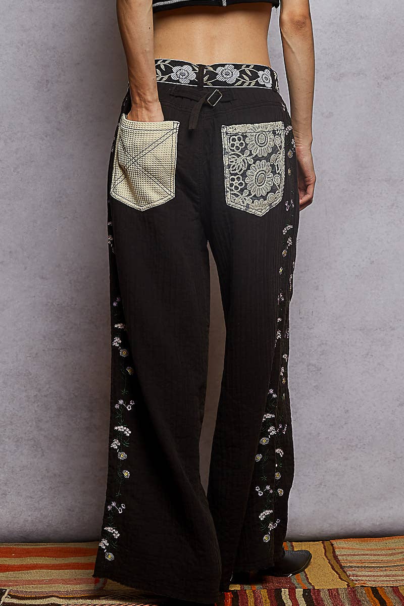 Contrast lace detail double gauze woven pants