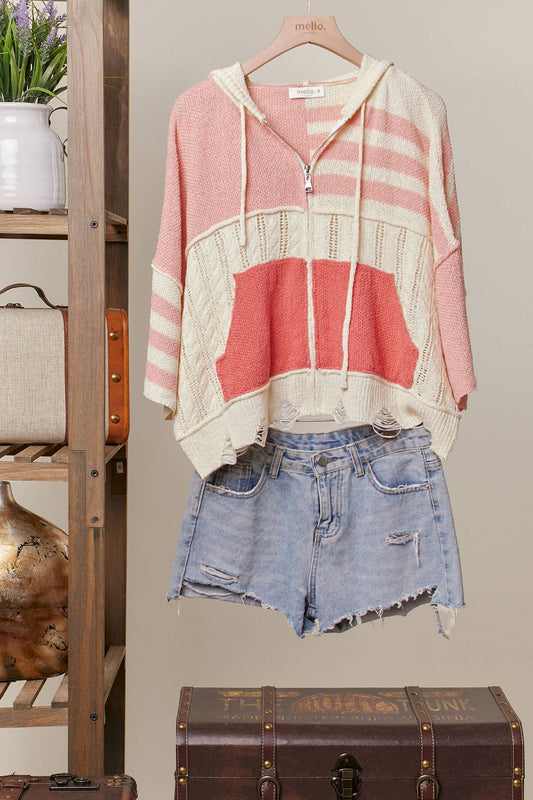 Stripe Distressed Knit Hoodie Coral