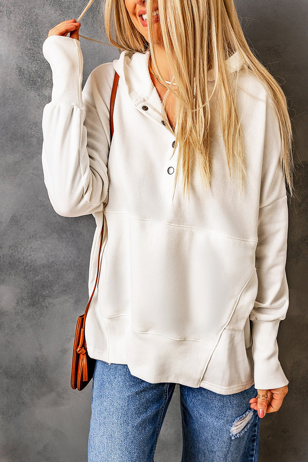 Gray Batwing Sleeve Pocketed Henley Hoodie