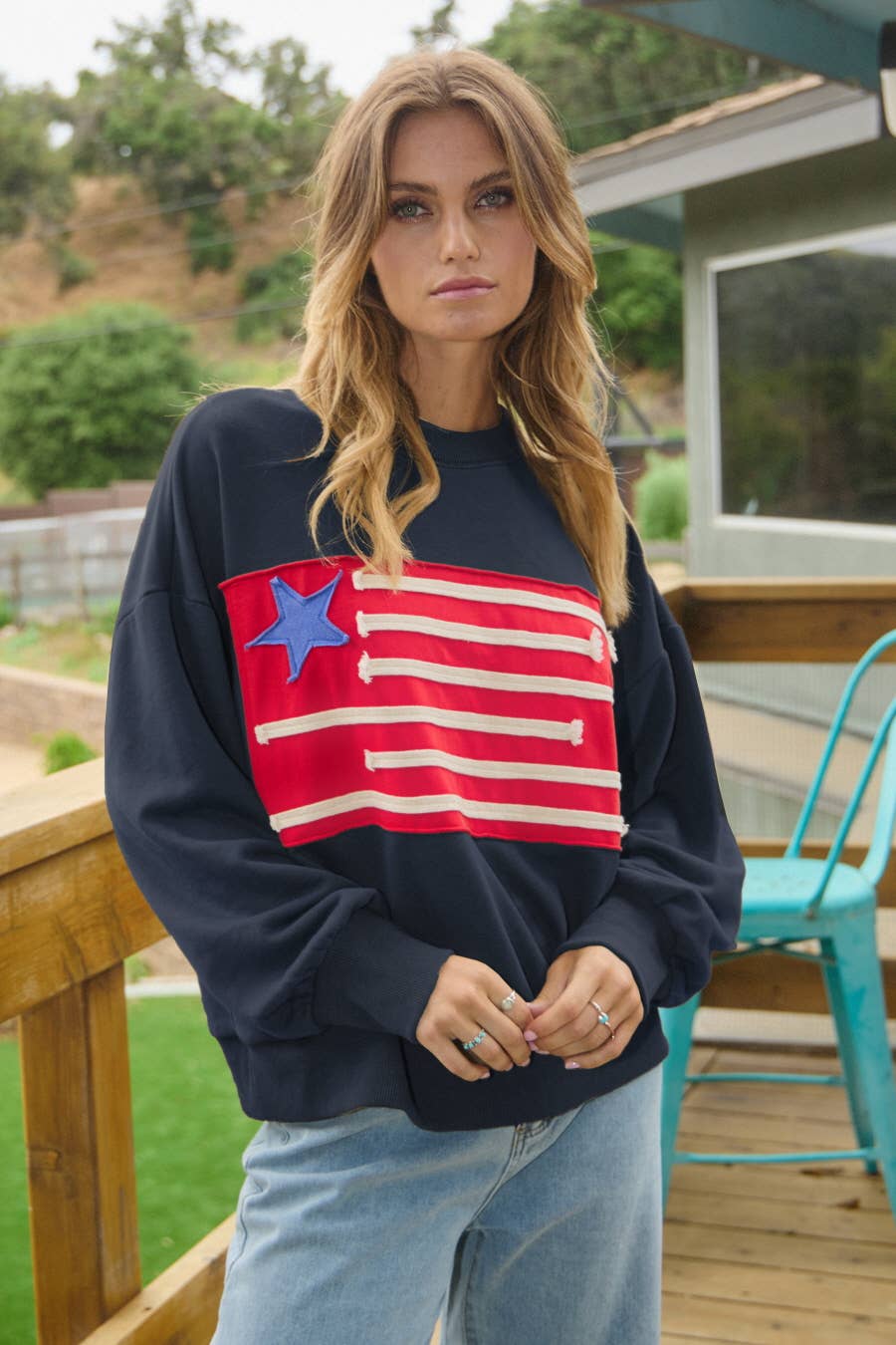Acid Washed Flag Patch Sweatshirt: Washed DK Navy / M