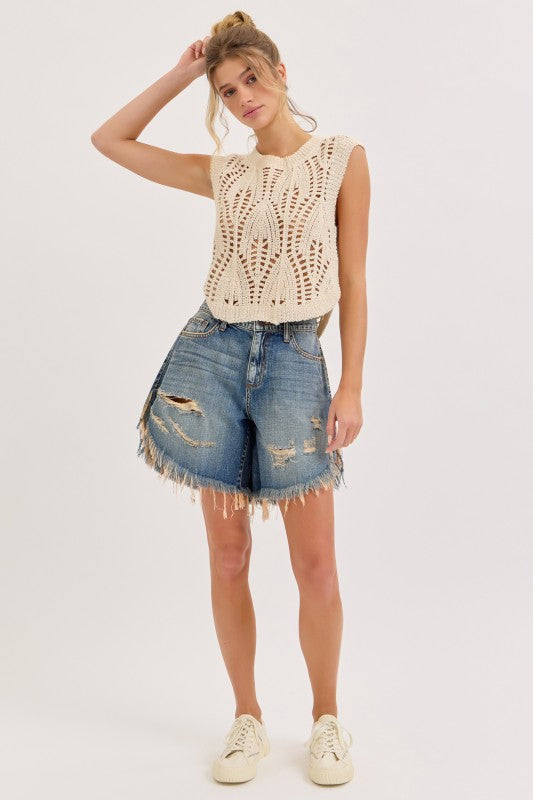 Mid Rise Distressed Denim Shorts