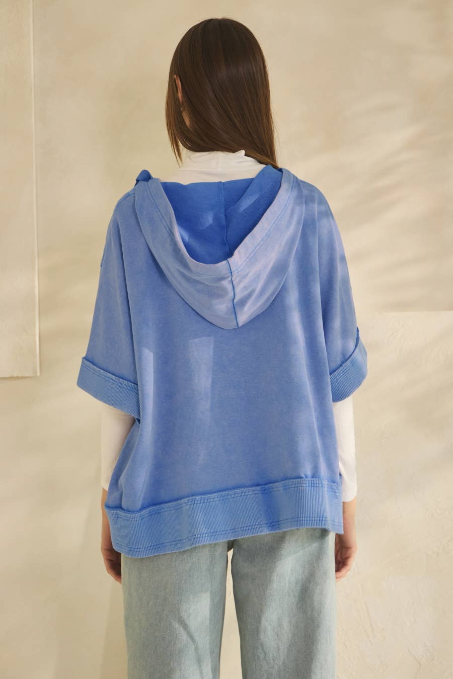 Acid Washed Deep V-neck Hooded Pullover: Washed Mustard / L