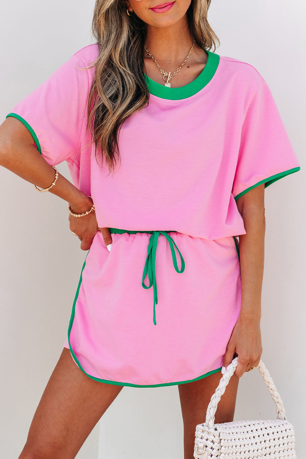 Rose Red Colorblock Edge Drop Shoulder T Shirt and Skort 2Pcs Set