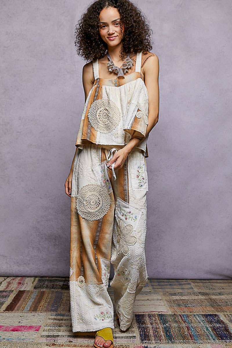 Solid Lace Patch Detail Woven Pants: MUSTARD PLAID