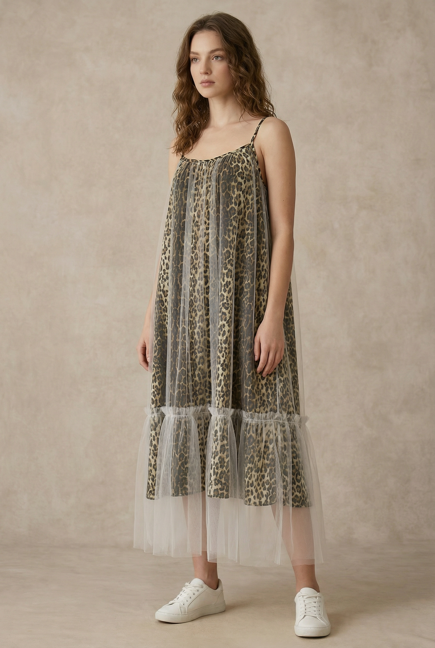 LEOPARD PRINT MESH DRESS WITH TULLE OVERLAY