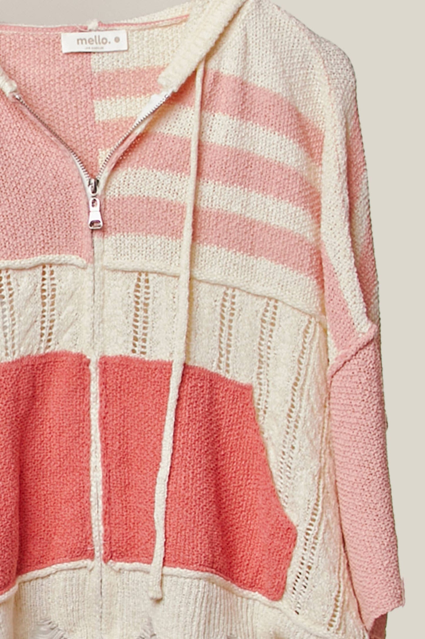 Stripe Distressed Knit Hoodie Coral