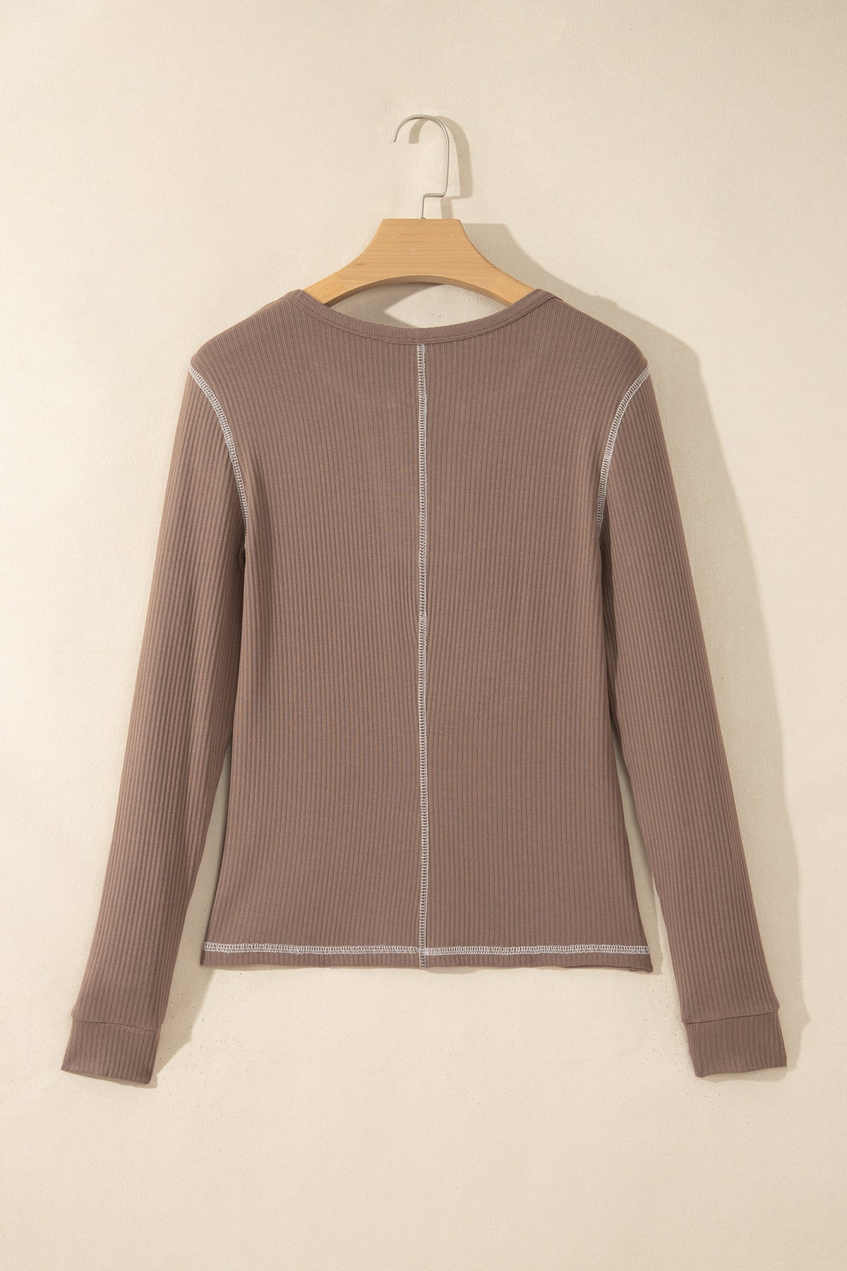 Dark Khaki V Neck Ribbed Long Sleeve Top