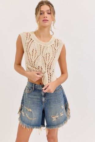 Mid Rise Distressed Denim Shorts