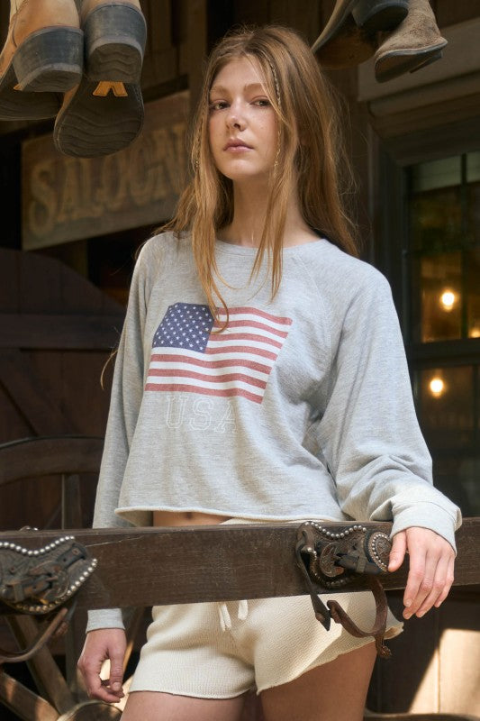 USA Flag Long Sleeve Raw Hem Knit Cropped Top