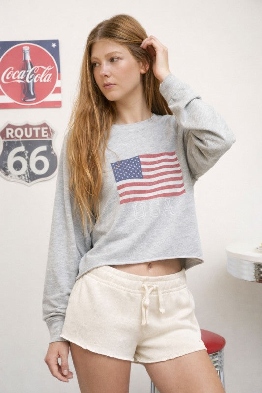 USA Flag Long Sleeve Raw Hem Knit Cropped Top