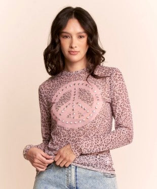 Leopard Printed Peace Sign and Studs Top
