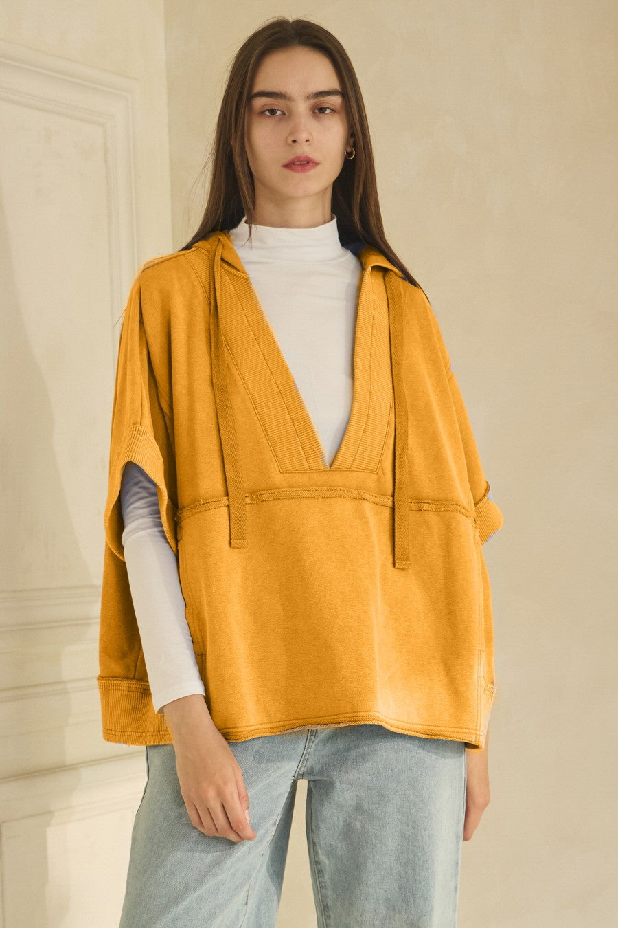 Acid Washed Deep V-neck Hooded Pullover: Washed Mustard
