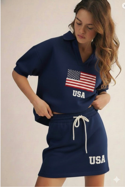 4th of July USA Collared Top and Skirt Set