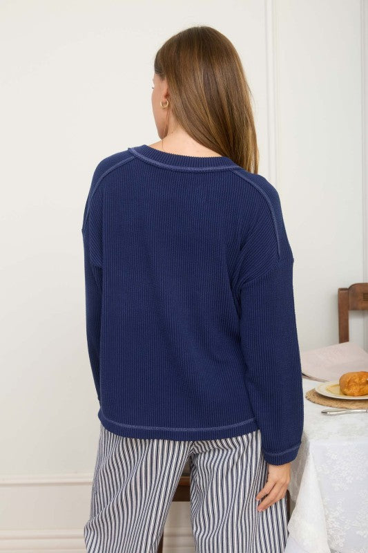 Navy Crew Neck Ribbed Long Sleeve Knit Top