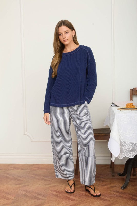 Navy Crew Neck Ribbed Long Sleeve Knit Top