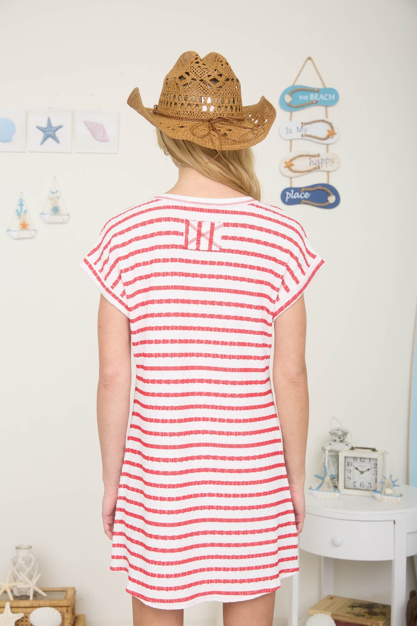 Textured Stripe Short Sleeve Knit T-Shirt Dress