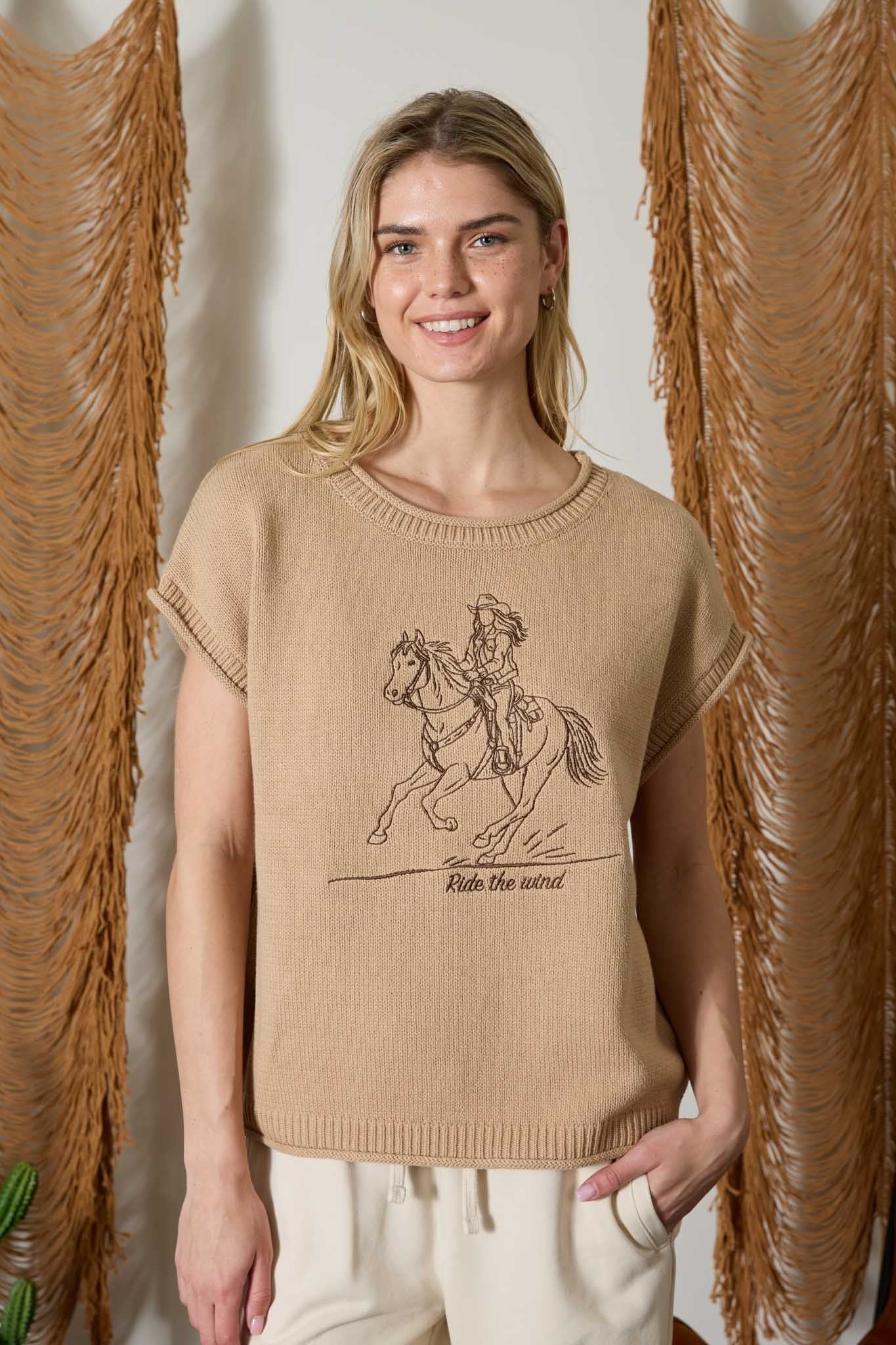 Western Embroidery Short Sleeve Knit Sweater