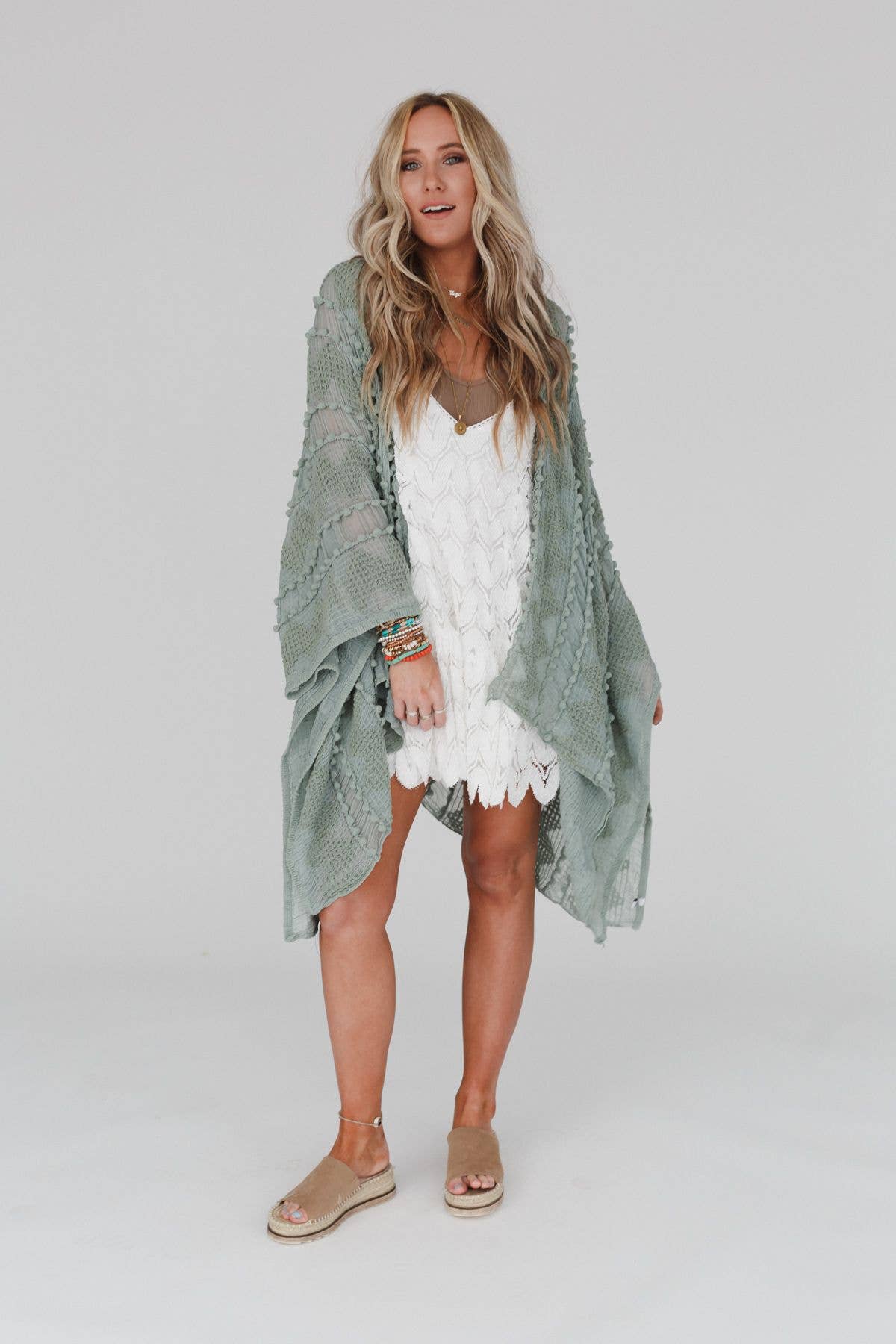 Bali Embroidered Kimono - Sage: OS
