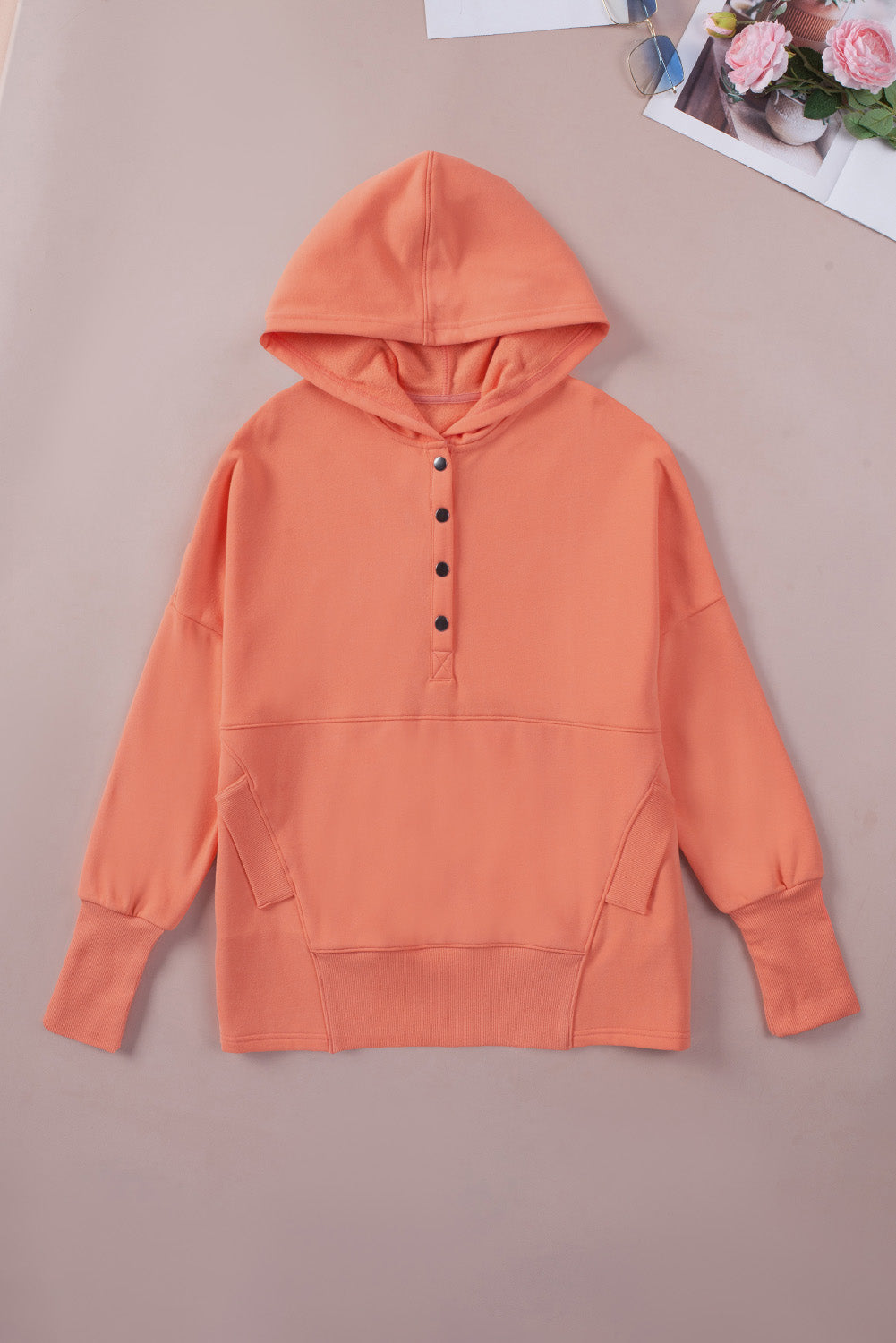 Gray Batwing Sleeve Pocketed Henley Hoodie