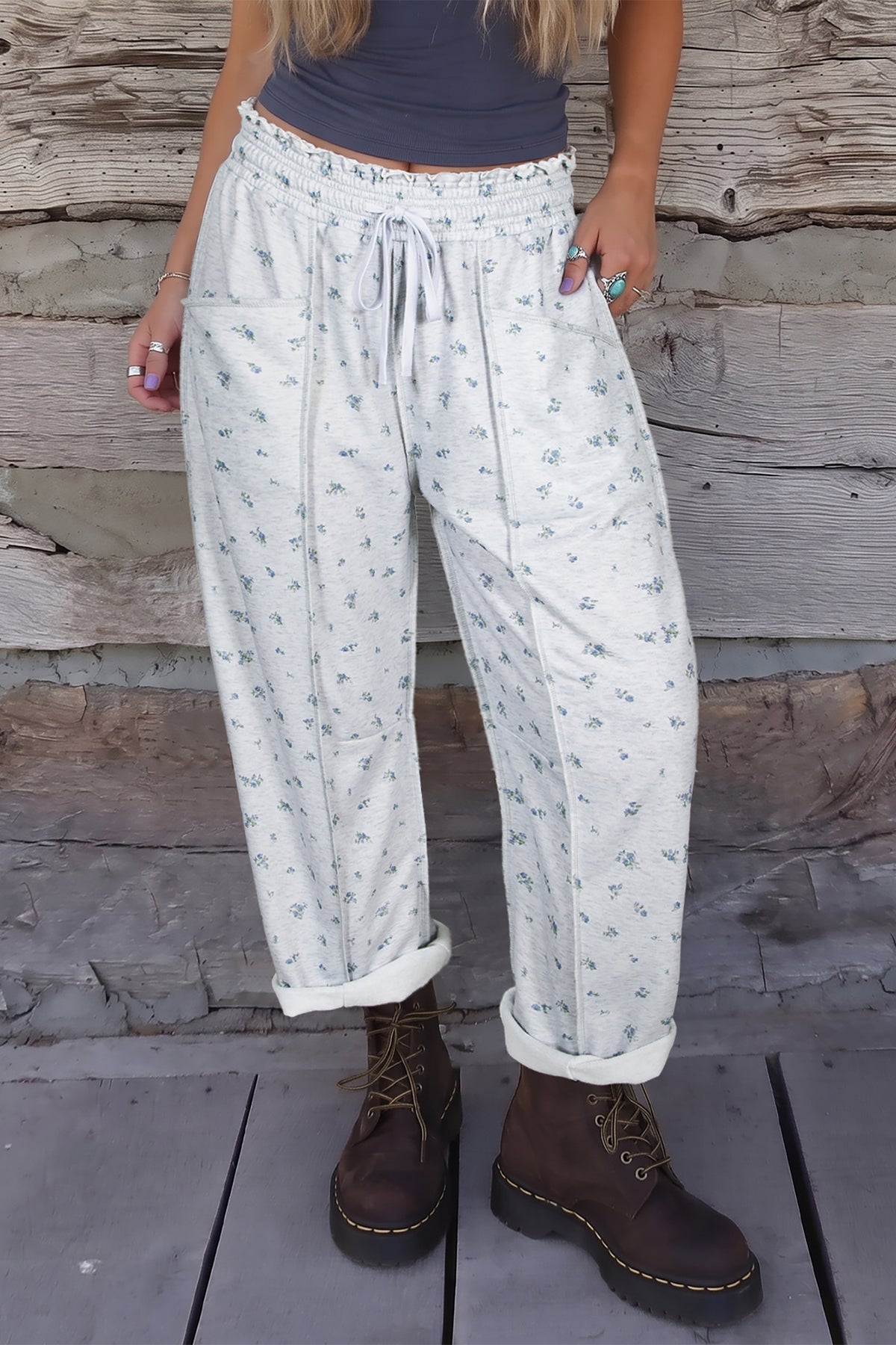 Dainty Gray Floral Print Pants