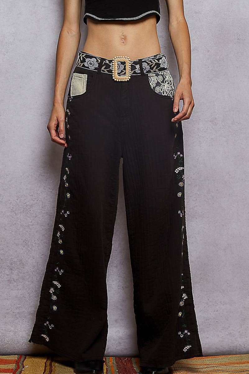 Contrast lace detail double gauze woven pants